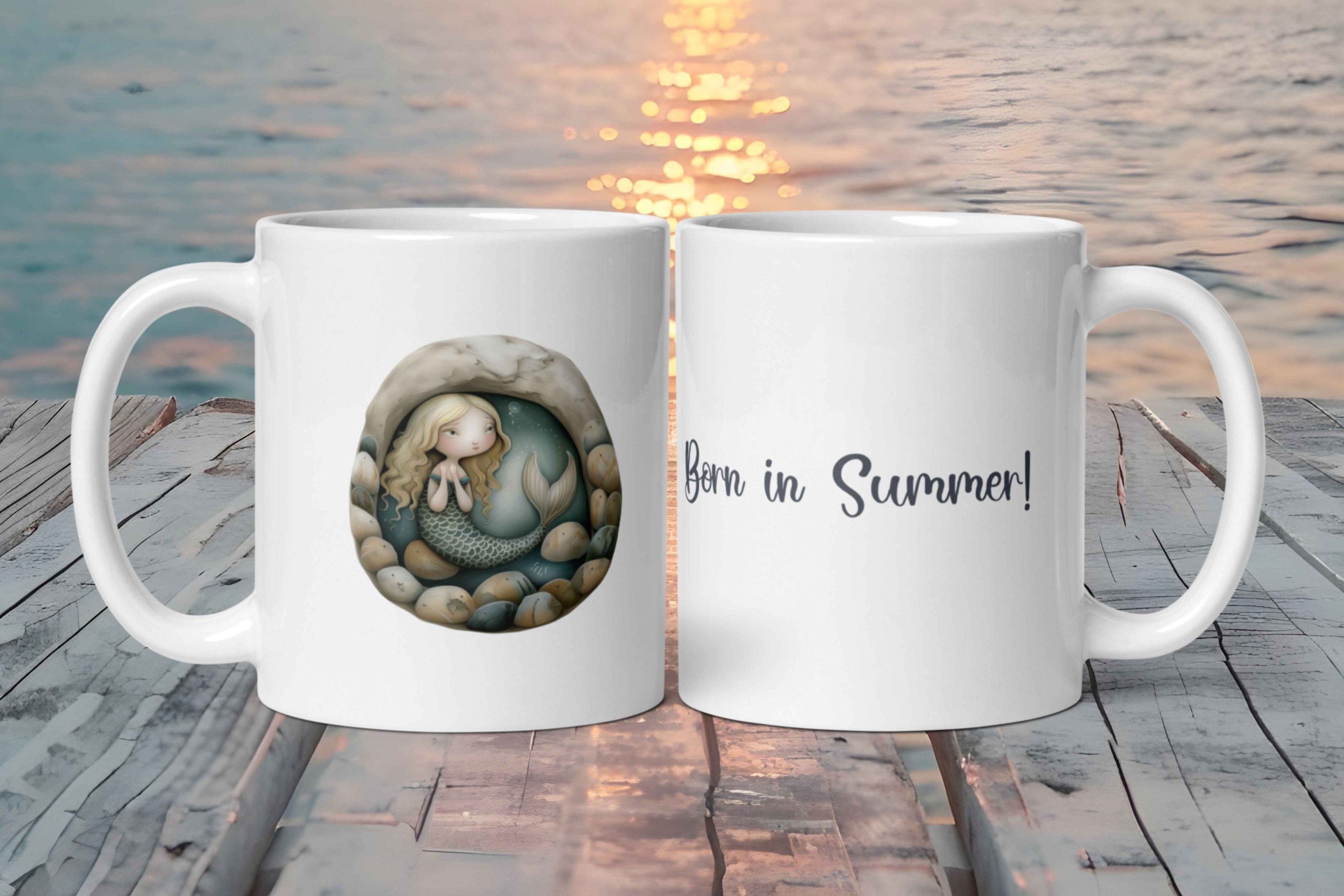 Taza Blanca Brillante con Bonito Huevo de Sirena de Oro "Born In Summer!"