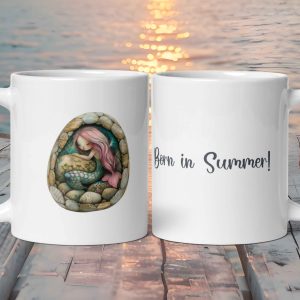 Taza Blanca Brillante con Bonito Huevo de Sirena de Oro Rosa "Born In Summer!"