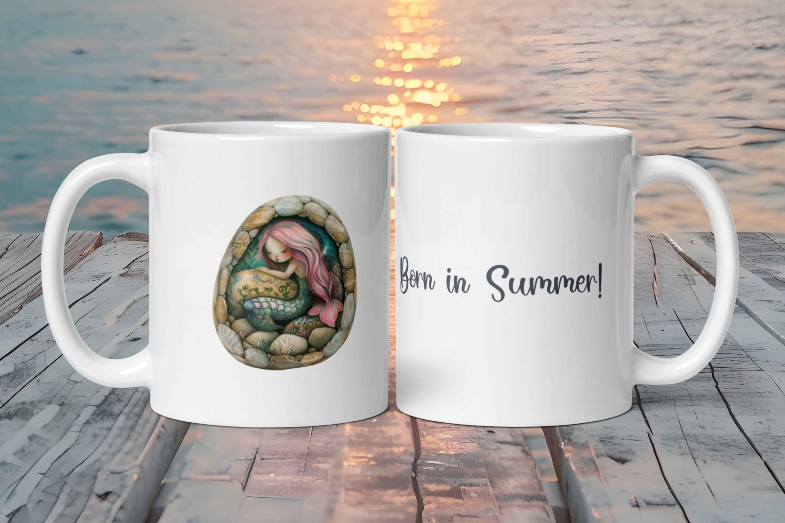 Taza Blanca Brillante con Bonito Huevo de Sirena de Oro Rosa "Born In Summer!"