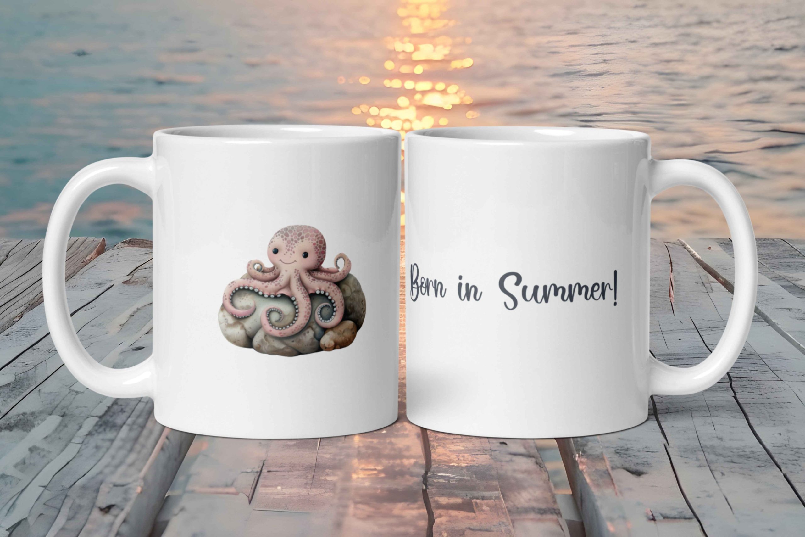 Taza Blanca Brillante con Bonito Pulpo sobre una Piedra "Born in Summer!"