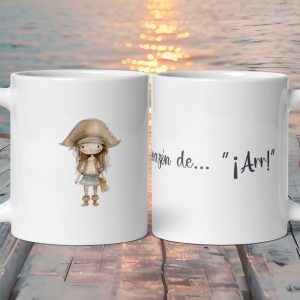 Taza Blanca Brillante "Corazón de... ¡Arr!" con Chica Pirata