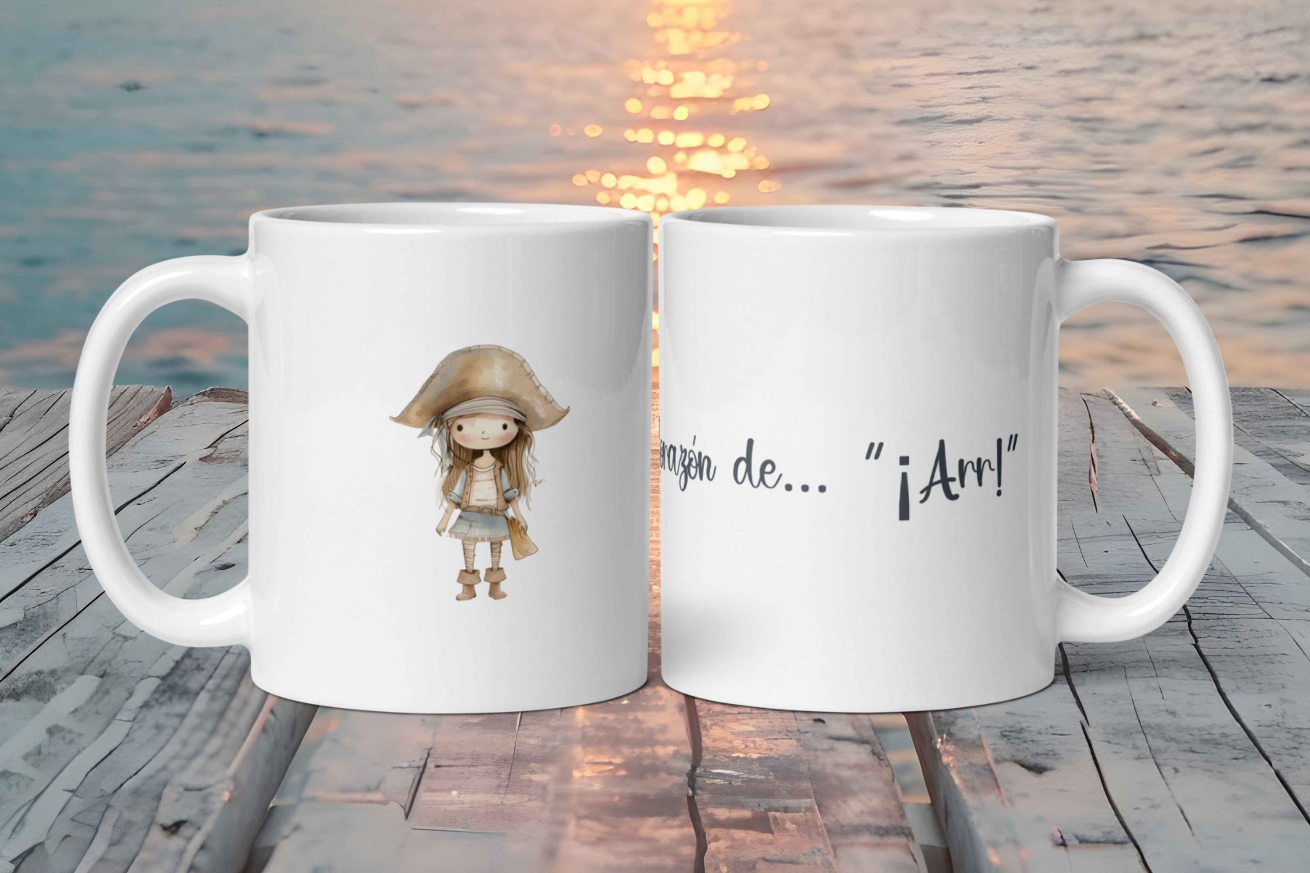 Taza Blanca Brillante "Corazón de... ¡Arr!" con Chica Pirata
