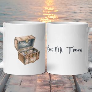 Taza Blanca Brillante "Eres Mi Tesoro" con Cofre Pirata