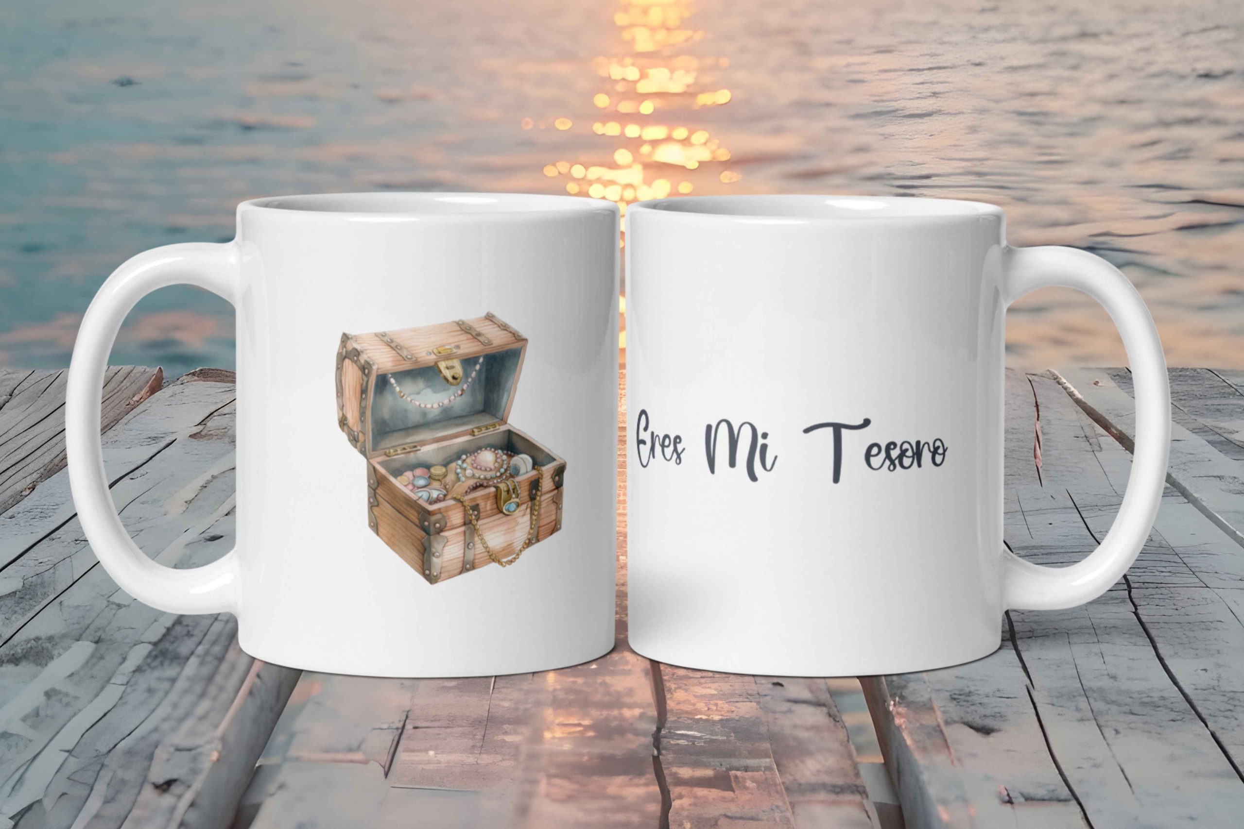 Taza Blanca Brillante "Eres Mi Tesoro" con Cofre Pirata