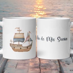 Taza Blanca Brillante con Barco de Vela "Capitán de Mis Sueños"