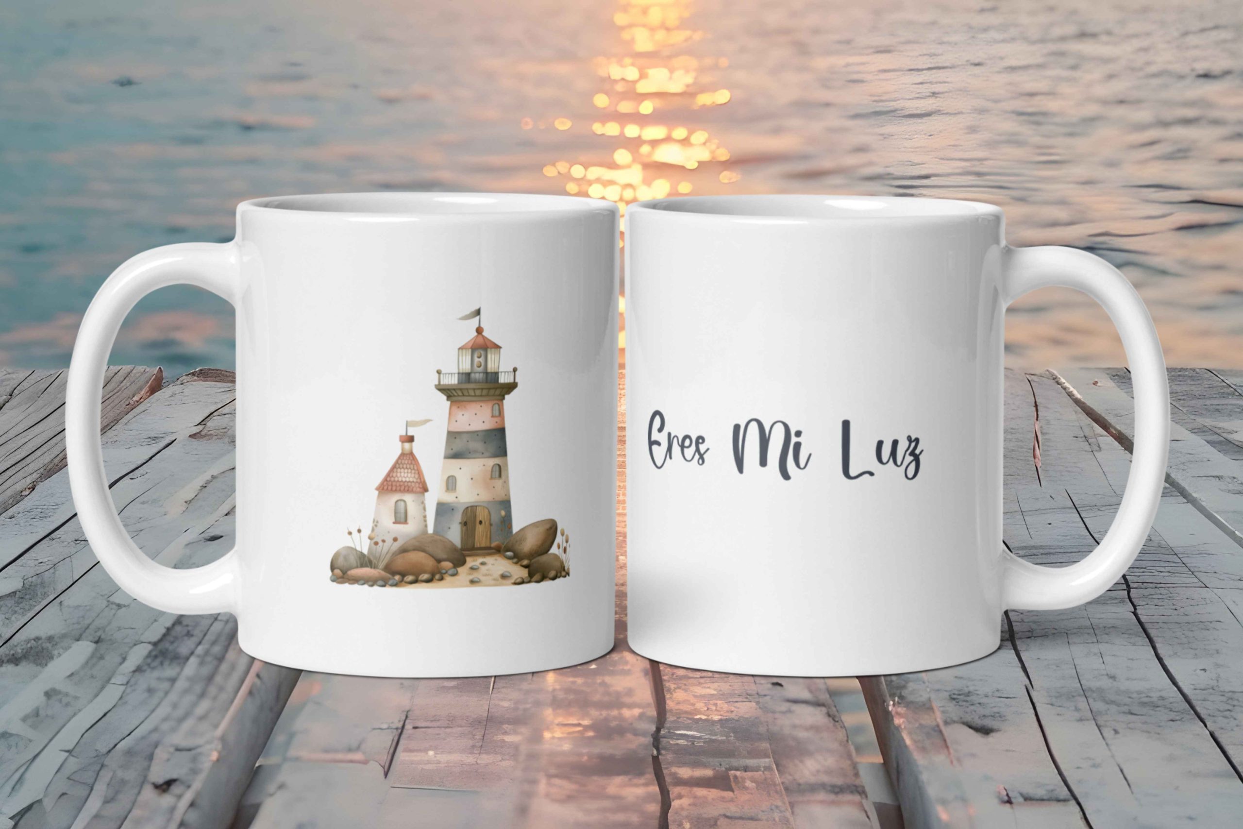 Taza Blanca Brillante con Bonito Faro "Eres Mi Luz"