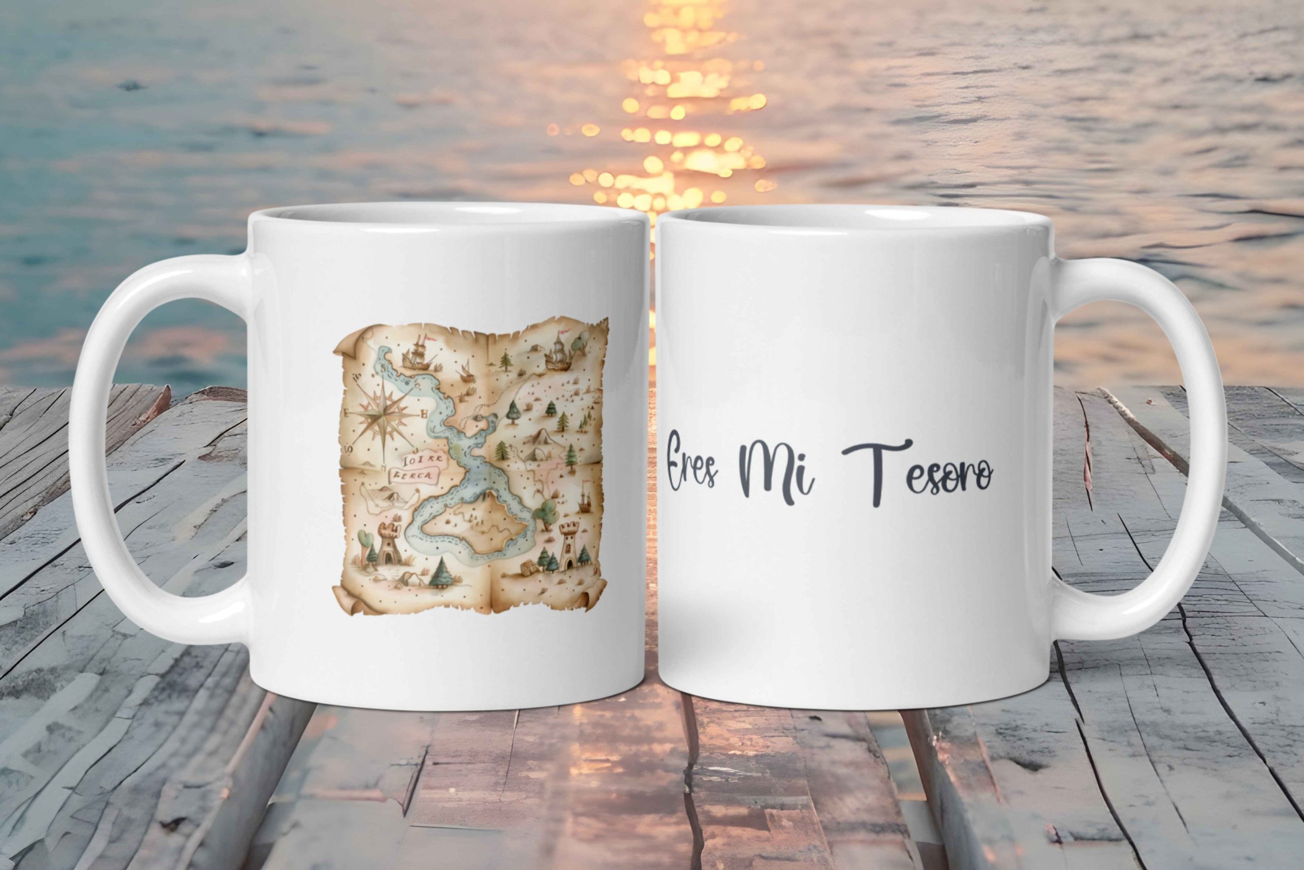 Taza Blanca Brillante "Eres Mi Tesoro" con Mapa Pirata Antiguo