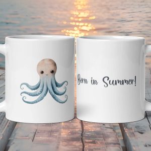 Taza Blanca Brillante con Bonito Pulpo "Born In Summer!"