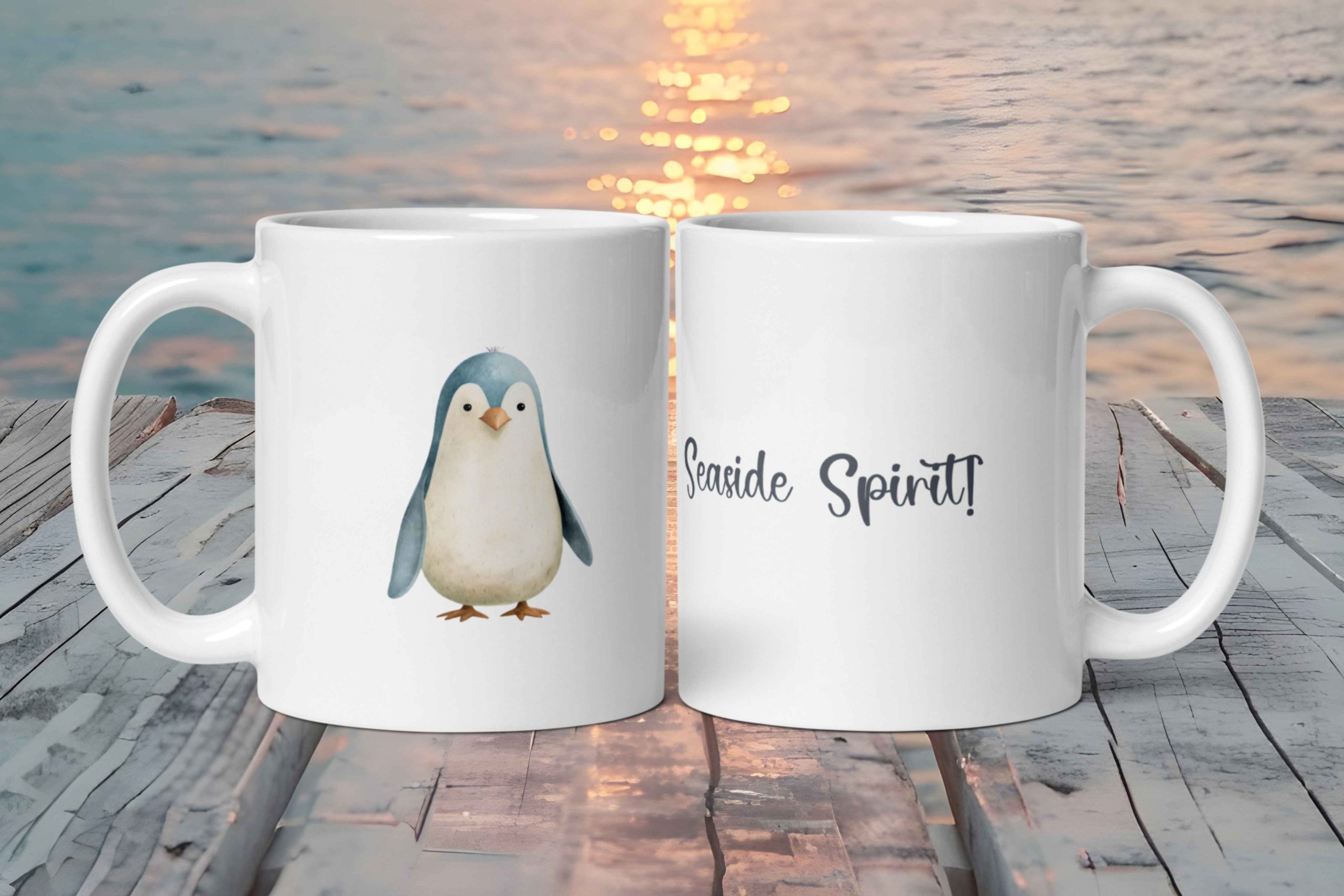 Taza Blanca Brillante con Bonito Pingüino "Seaside Spirit"