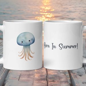 Taza Blanca Brillante con Bonita Medusa Ártica “Born In Summer!”