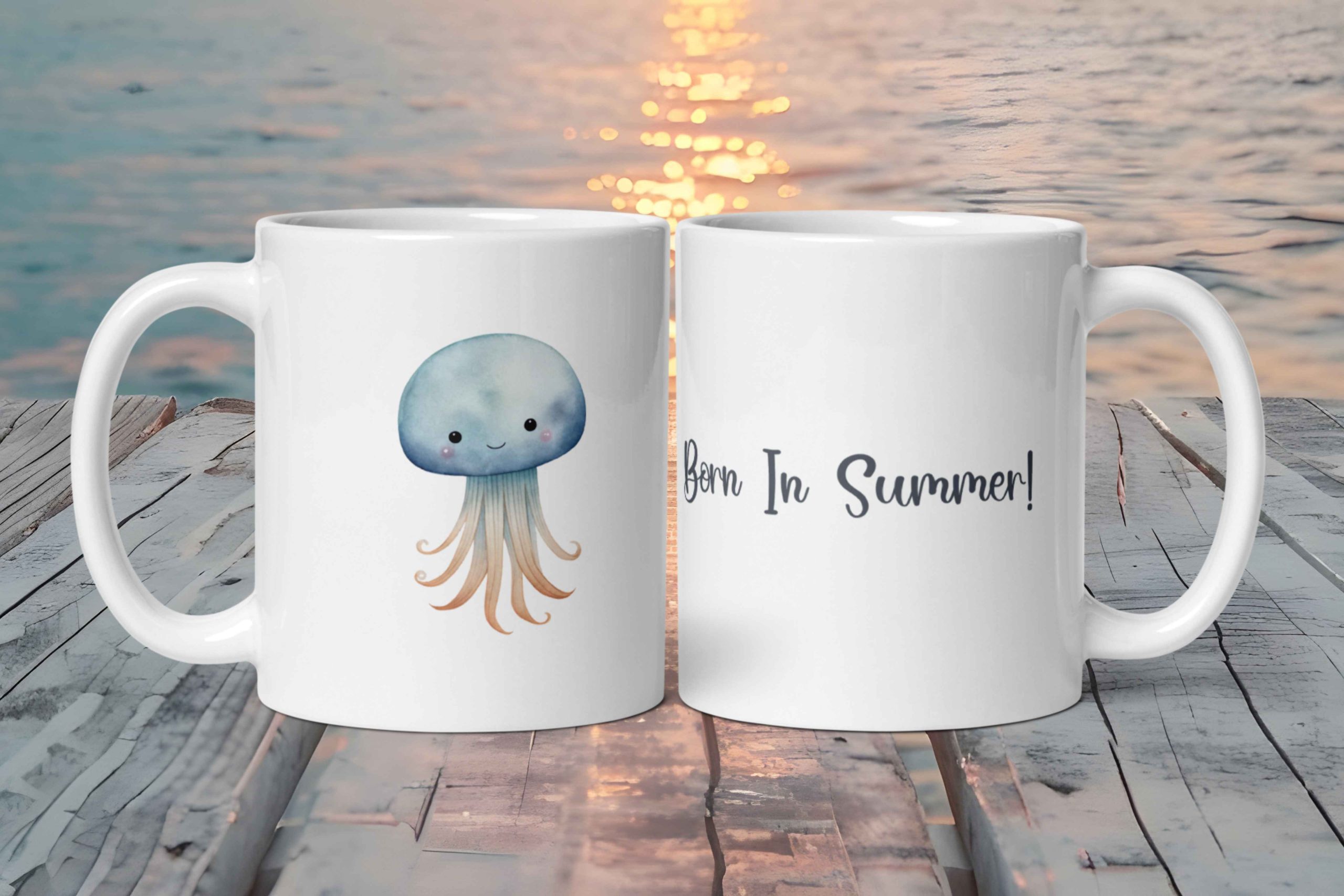 Taza Blanca Brillante con Bonita Medusa Ártica “Born In Summer!”