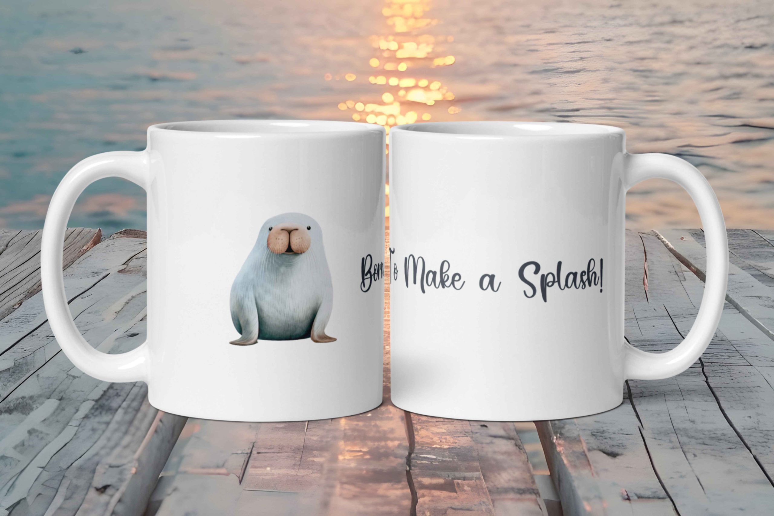 Taza Blanca Brillante con Bonita Morsa "Born To Make a Splash!"