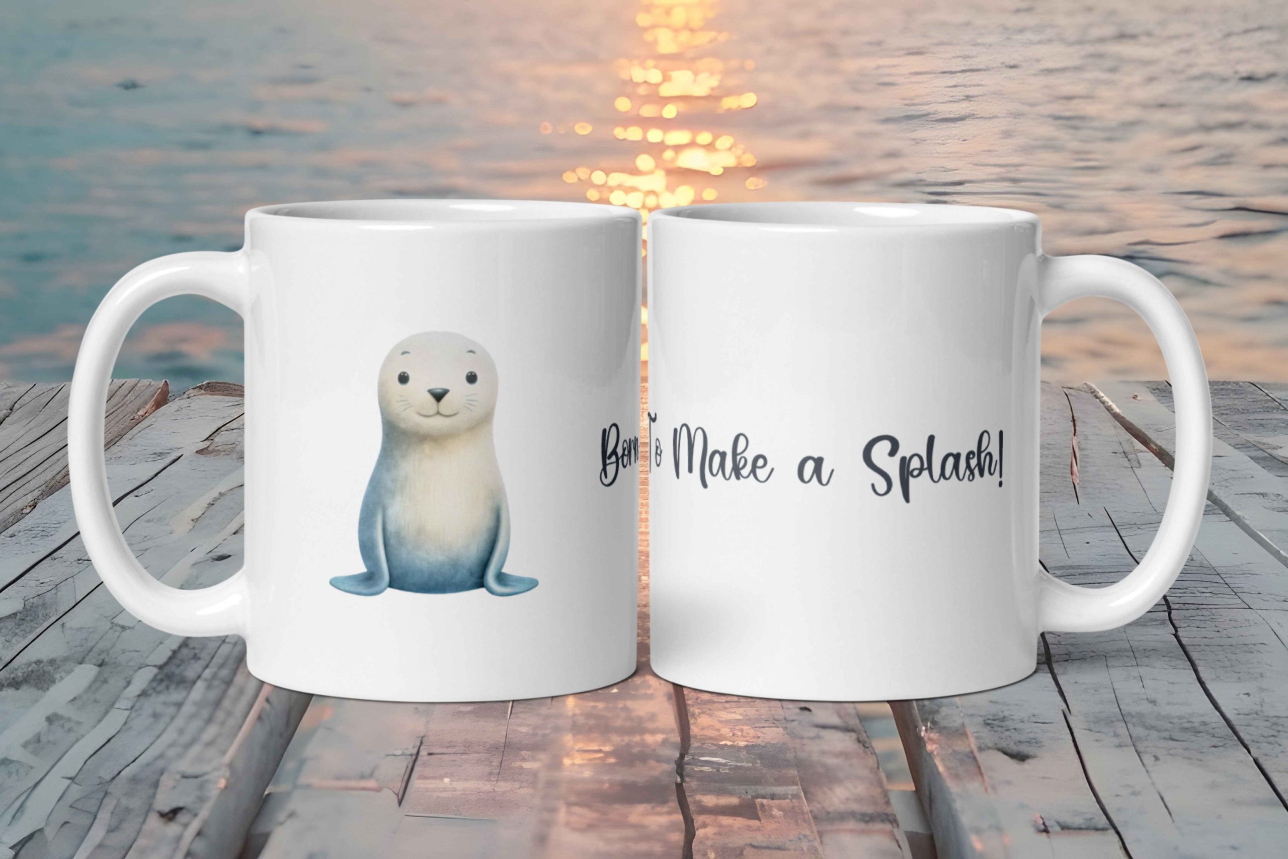 Taza Blanca Brillante con Bonito León Marino “Born To Make a Splash!”