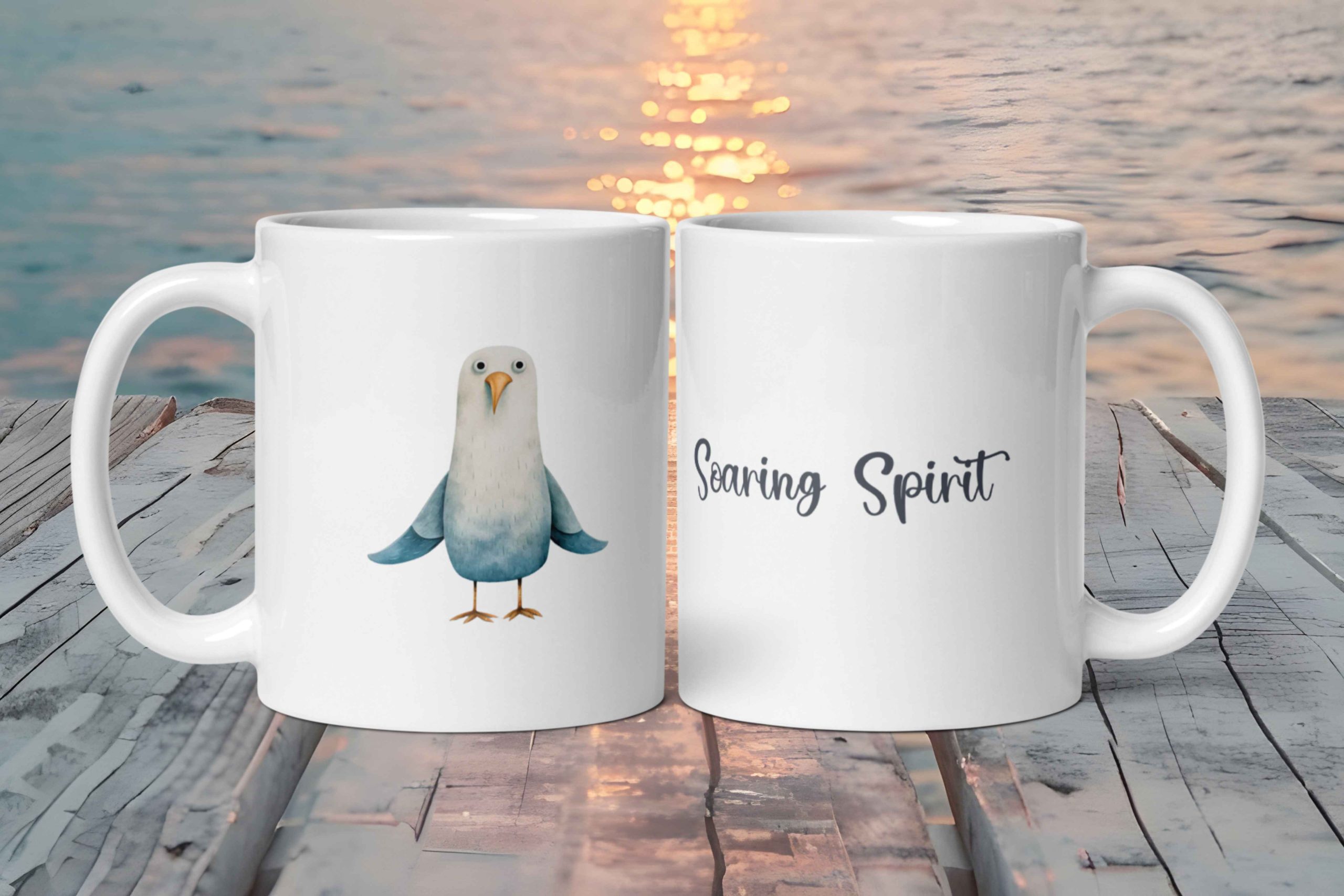Taza Blanca Brillante con Bonita Gaviota “Soaring Spirit”