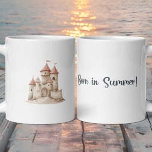 Taza Blanca Brillante con Castillo de Arena "Born In Summer!"
