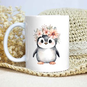 Taza Brillante con Bonito Pingüino con Corona de Flores