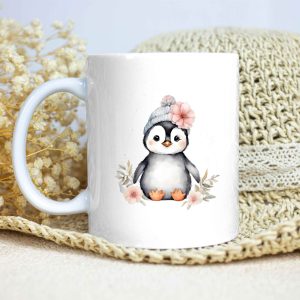 Taza Brillante con Bonito Pingüino con Gorro de nieve y Flor
