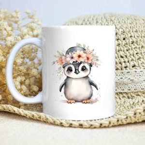 Taza Brillante con Bonito Pingüino con Sombrero Hongo y Flores