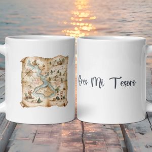 Taza Blanca Brillante "Eres Mi Tesoro" con Mapa Pirata Antiguo