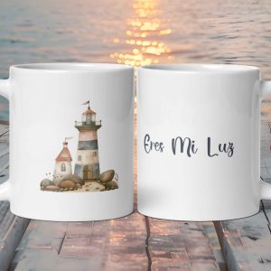Taza Blanca Brillante con Bonito Faro "Eres Mi Luz"
