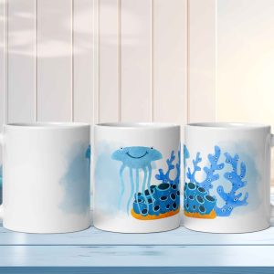 Taza Brillante con Simpática Medusa Azul y Coral