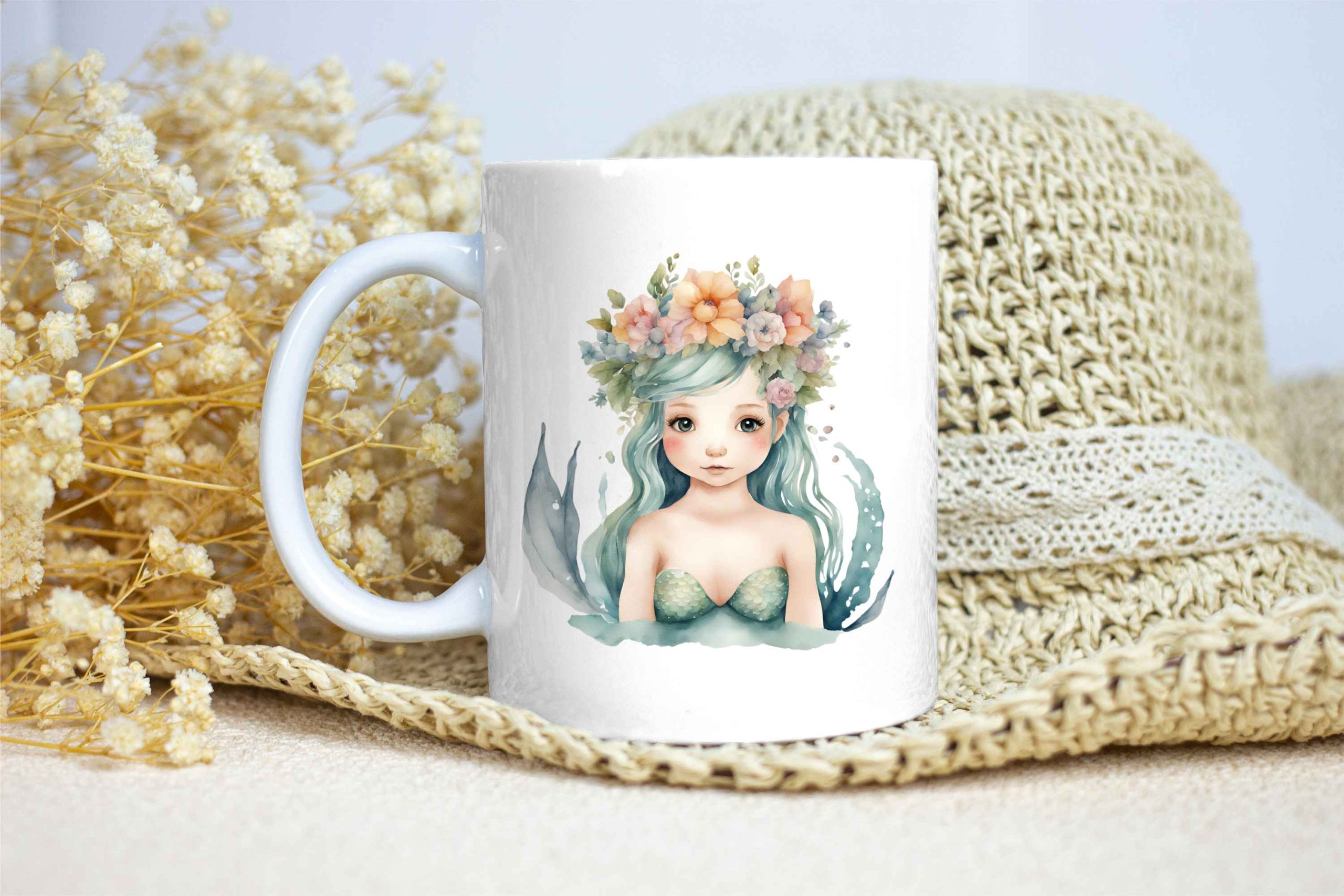 Taza Brillante con Bonita Sirena con Corona de Flores