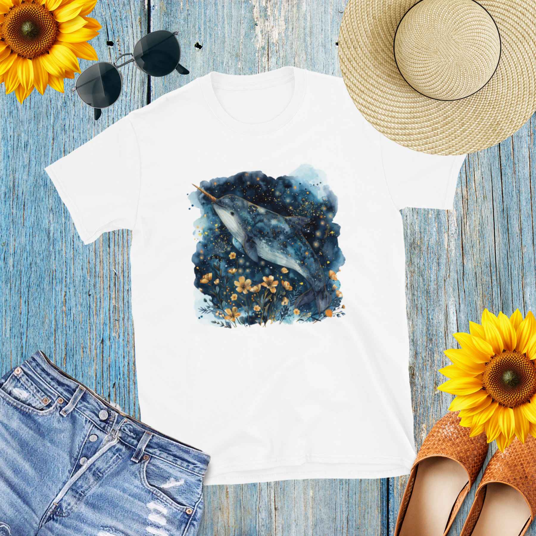 Camiseta de Ensueño con Pez Espada y Océano con Flores