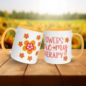 Taza Flor Naranja "Flowers Are My Therapy" para amantes de las flores y la alegría