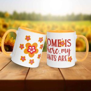 Taza Flor Naranja "Home is where my plants are" para amantes de las flores y la alegría