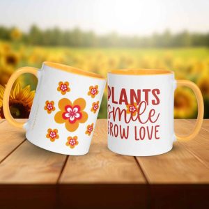 Taza Flor Naranja "Plants, Smile, Grow Love" para amantes de las flores y la alegría