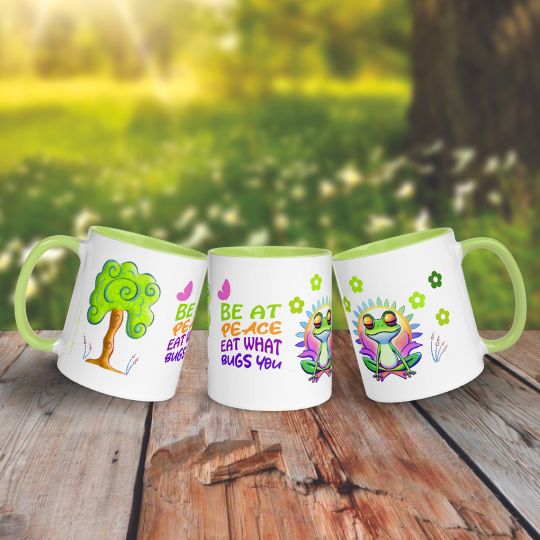 Taza "Be At Peace, Eat What Bugs You" divertida para amantes de los árboles y las ranas