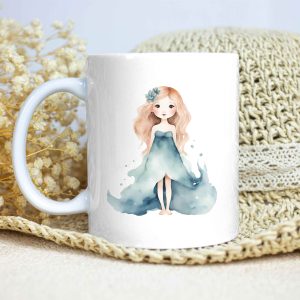 Taza Brillante con Bonito Dibujo de Niña del Océano con Vestido largo y Flor en el pelo