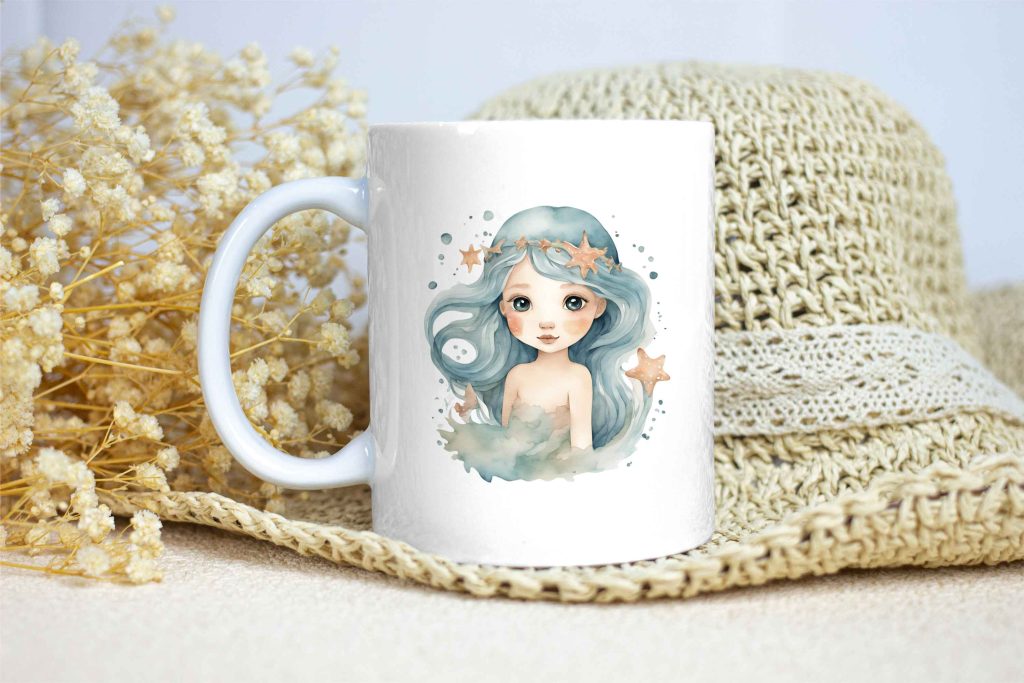 Taza Brillante con Bonito Dibujo de Nereida con Corona de Estrellas
