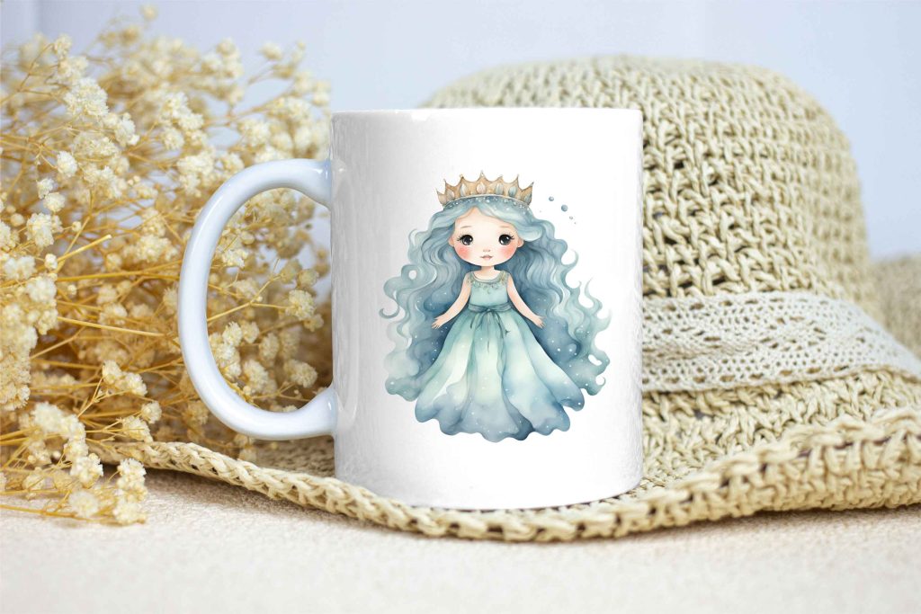 Taza Brillante con Bonito Dibujo de Niña del Océano con Corona y Vestido con cintura