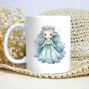 Taza Brillante con Bonito Dibujo de Niña del Océano con Corona y Vestido con cintura