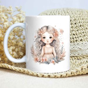 Taza Brillante con Bonito Dibujo de Niña del Océano con Flores rosas y Hojas