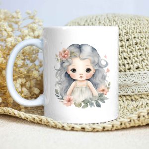 Taza Brillante con Bonito Dibujo de Niña del Océano con Flor y Hojas
