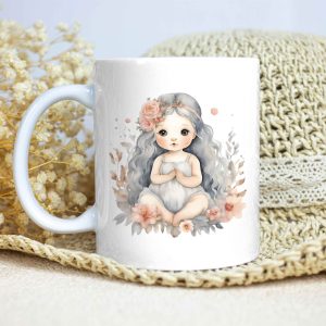Taza Brillante con Bonito Dibujo de Niña del Océano con Diadema, Flores y Hojas