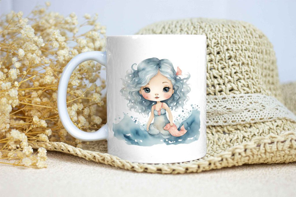 Taza Brillante con Bonito Dibujo de Nereida con Pez y Olas