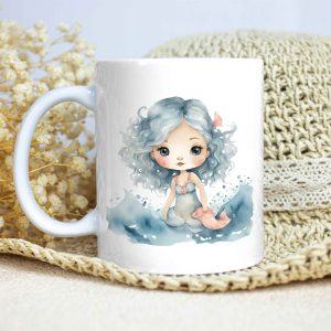 Taza Brillante con Bonito Dibujo de Nereida con Pez y Olas