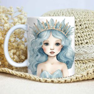 Taza Brillante con Bonito Dibujo de Nereida con Corona Azul