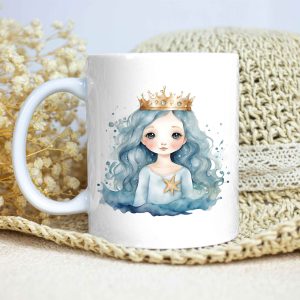 Taza Brillante con Bonito Dibujo de Nereida con Corona y Estrella