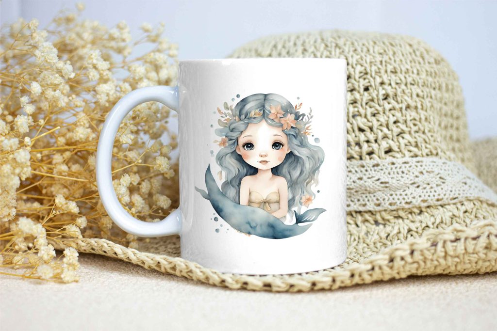 Taza Brillante con Bonito Dibujo de Nereida con Flores y Olas