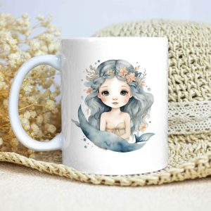 Taza Brillante con Bonito Dibujo de Nereida con Flores y Olas