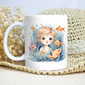 Taza Brillante con Bonito Dibujo de Niño con Peces y Algas Marinas