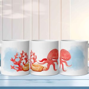 Taza Brillante con Divertido Pulpo y Coral en una Piedra