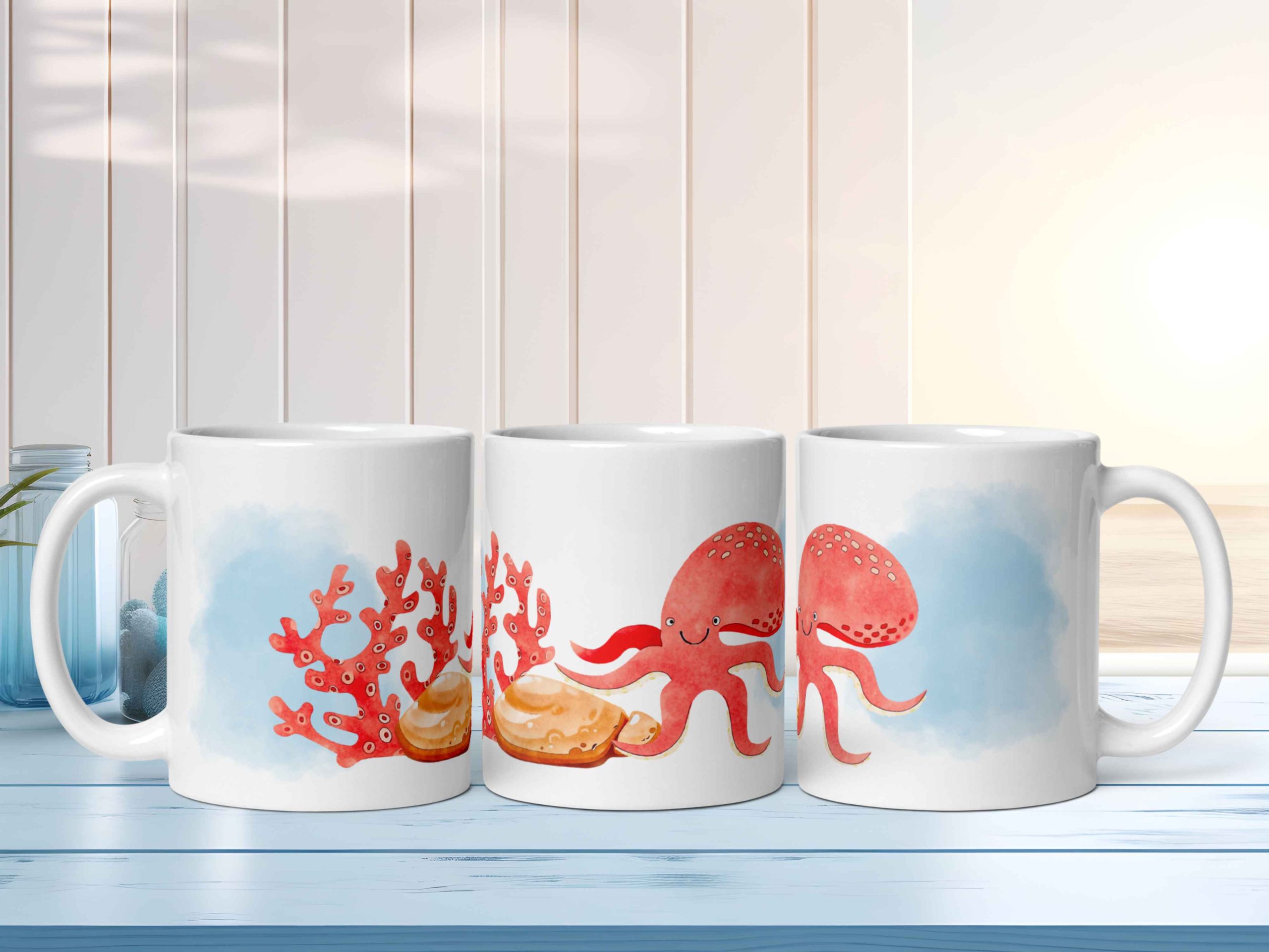 Taza Brillante con Divertido Pulpo y Coral en una Piedra