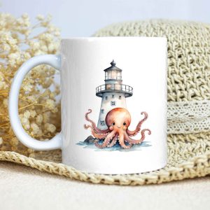 Taza Brillante con Pulpo delante de un Bonito Faro
