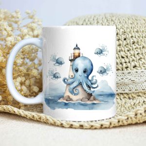 Taza Brillante con Pulpo y Faro con Peces de Fantasía