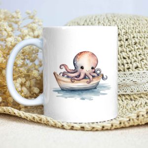 Taza Brillante con Pulpo Feliz en una Barquita